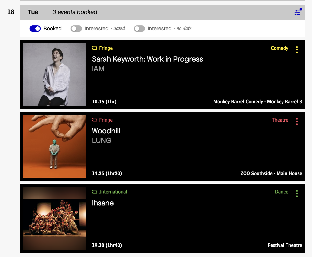 A screenshot of part of the calendar page showing some booked shows on a particular day