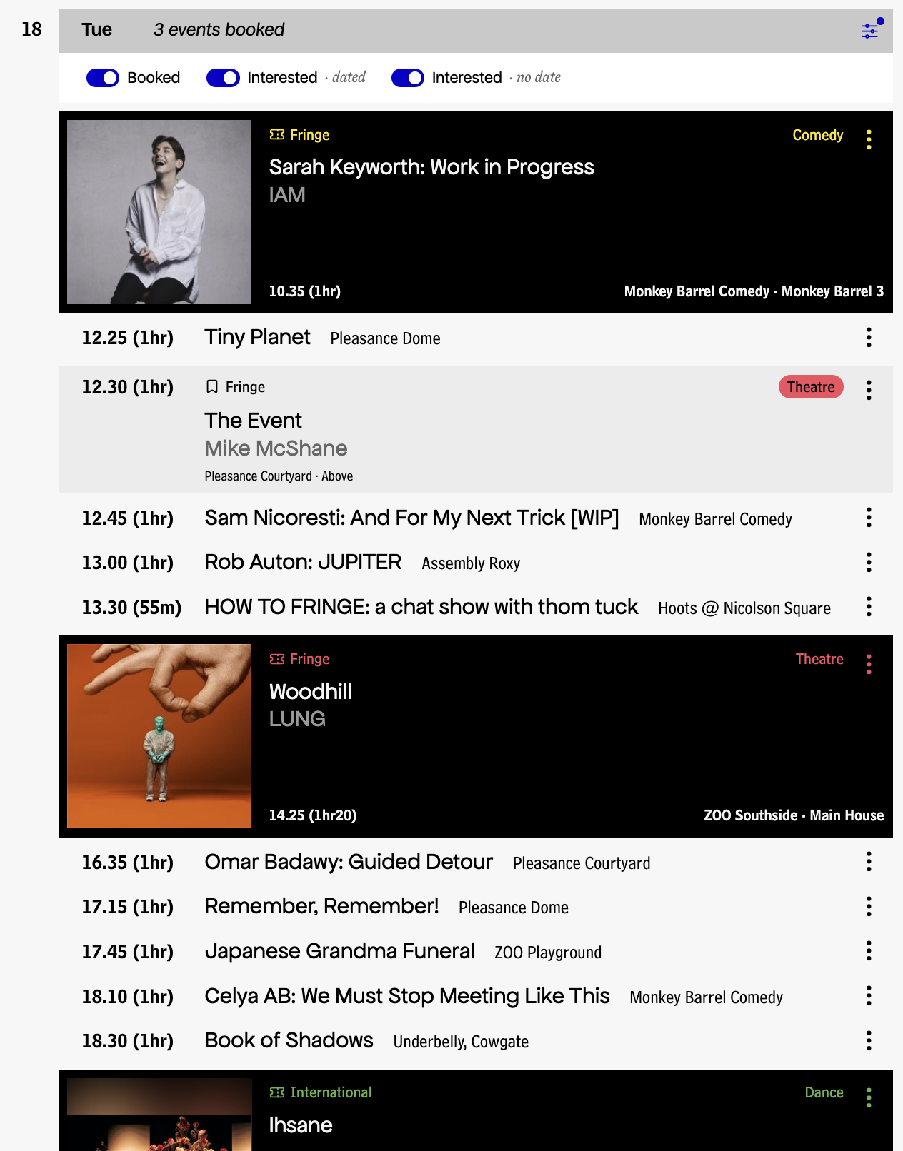 A screenshot of the same day but showing interested events with timings as well as the booked events