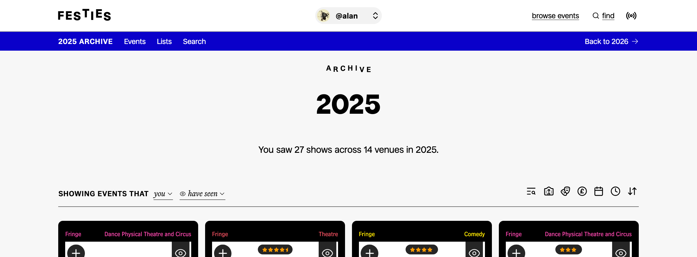 A screenshot of the dropdown user menu in the header, showing the past years link
