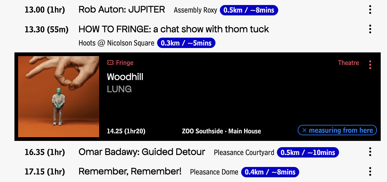 A screenshot showing this, with one event giving times/distances to the adjacent events in the calendar