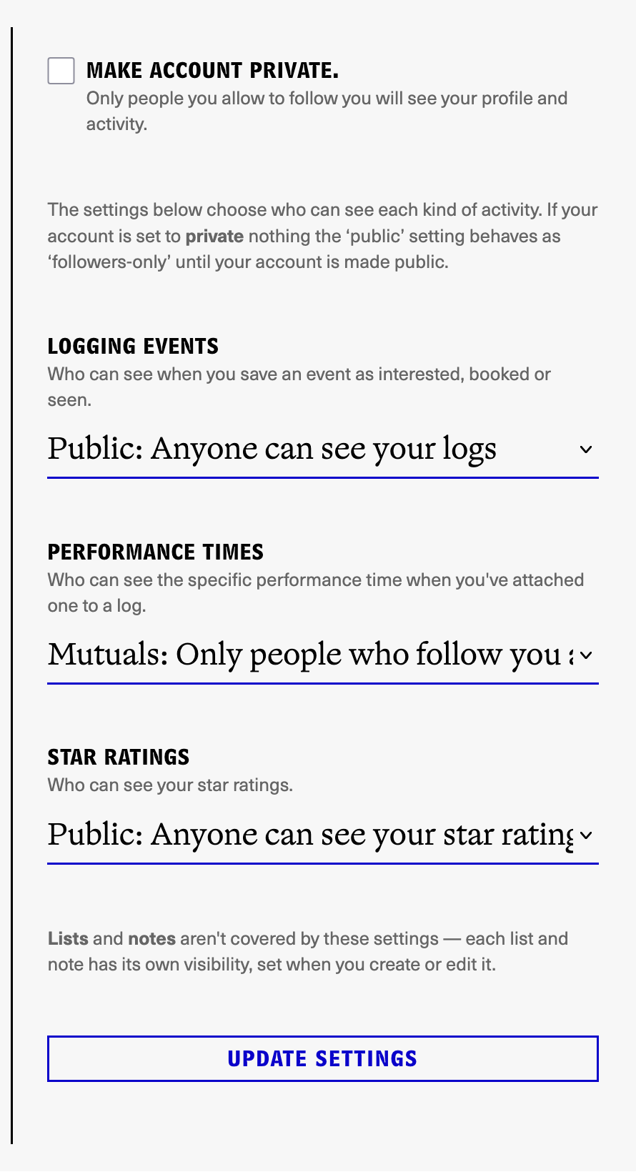 A screenshot of privacy settings